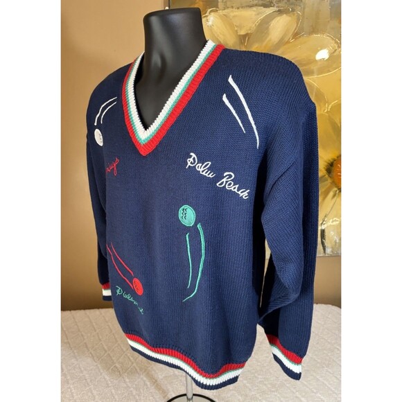 Vintage Quantum Sportswear Golf Themed Embroidered Striped Sweater Men’s Size L - Picture 10 of 16